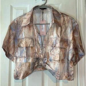 Micas Marble‎ Print Twist Hem Crop Shirt Collared Short Sleeve Pockets XXL